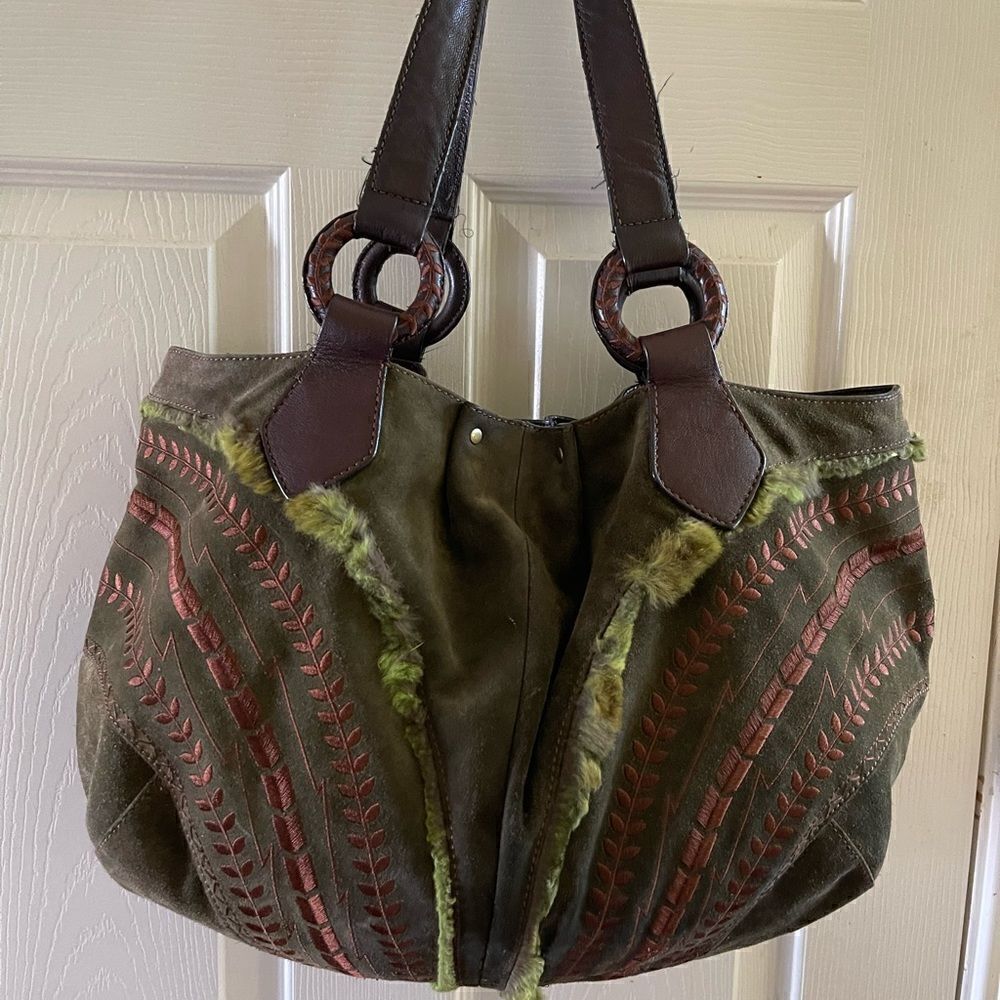 Maxx New York Hobo satchel leather suede olive green brown strap & embro… - Picture 4 of 15